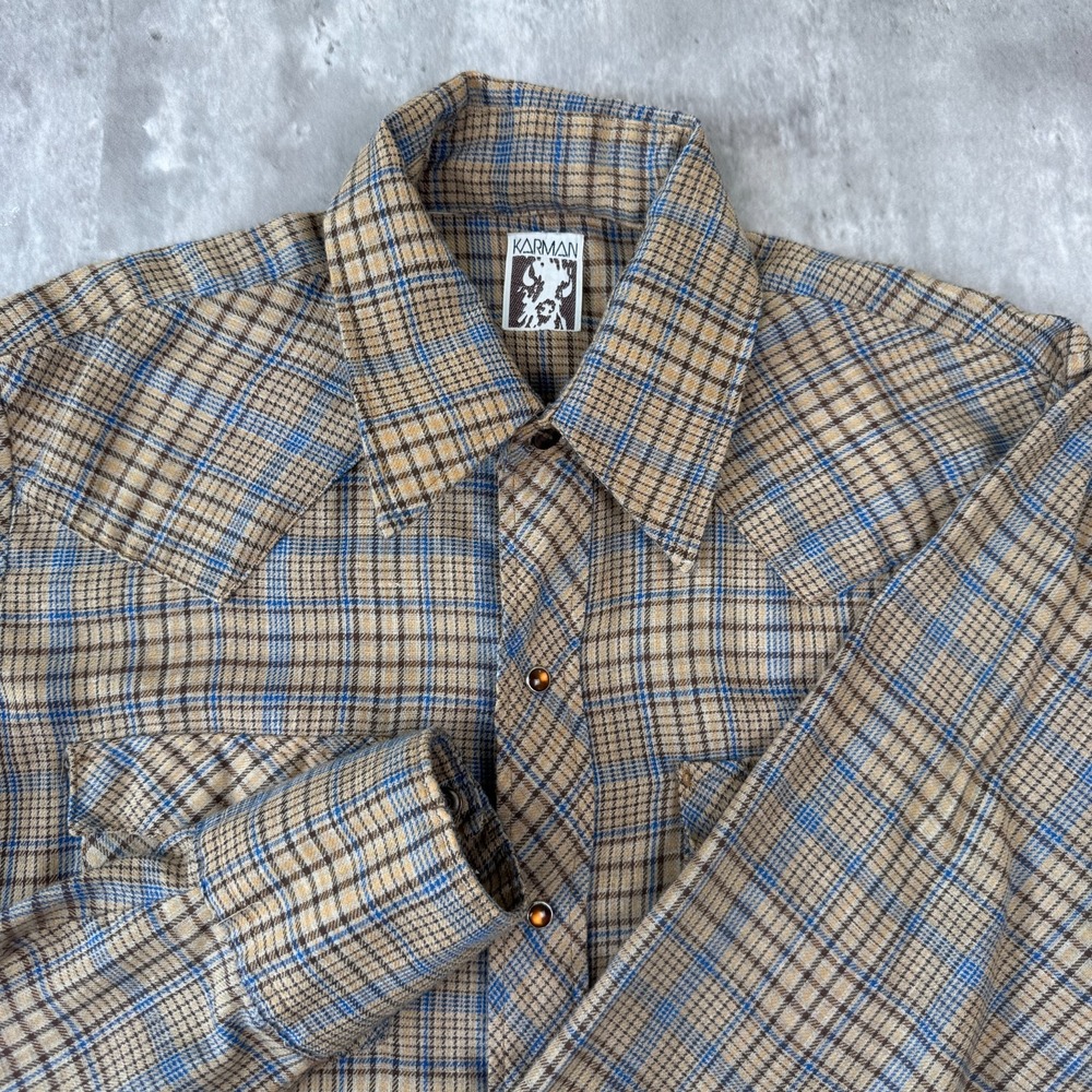 Vintage Karman Plaid Pearl Snap Shirt Mens M Brown Western Brushpopper Cowboy
